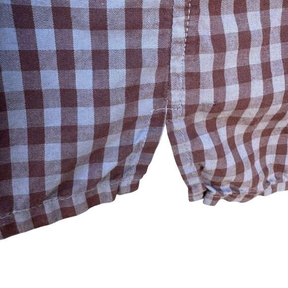 Vintage Brown Blue Gingham Long Sleeve 1/2 Button-Up Madras Cotton Tunic Shirt - Picture 7 of 8
